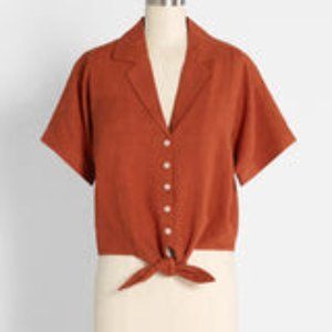 Rust tie-front button-up crop